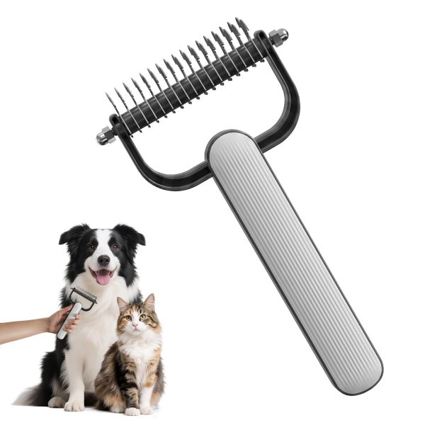2026 New Double-Sided Dematting Comb for Dogs & Cats, Pet Grooming Tool for Long Haired Thick Double Coat Pets, Undercoat Rake Deshedding Brush for Tangles Matted Shedding Fur, Grey-L-1Pcs
