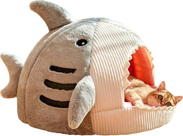 Cat Mat Shark-Shaped Kennel Kitten Bed Hideout House Warm Soft Comfortable Semi-Closed Cat Dog Nest Grey Medium
