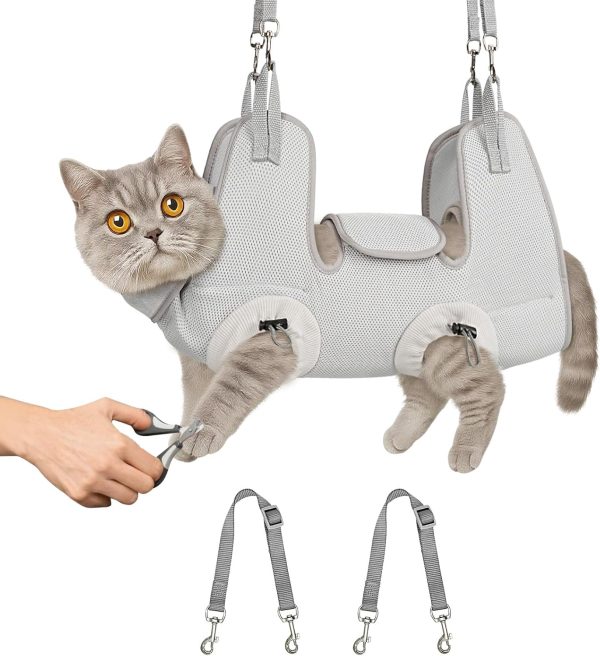 Cat Grooming Hammock Harness for Nail Trimming, Cat Grooming Hanging Sling for Nail Clipping, Pet Restraint Holder for Cutting Nails, Medicine, Ear & Teeth Cleaning, Eye Care (Grey L)