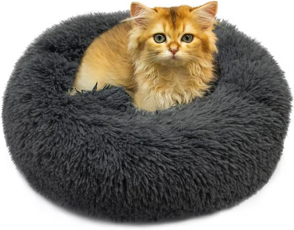 Cat & Dog Beds, Fluffy Round Pet Bed Non-Slip, Calming Soft Plush Donut Cuddler for Indoor Small Dogs Kittens, 15 inches Cat Bed Machine Washable, Small Round cat Bed Dark Gray