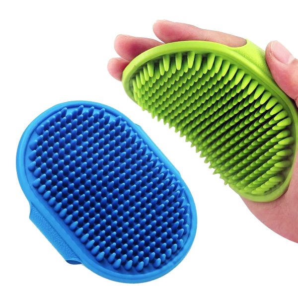 Dog Grooming Brush,  Pet Shampoo Bath Brush Soothing Massage Rubber Comb with Adjustable Ring Handle for Long Short Haired Dogs and Cats (Blue+Green, pack of 2)