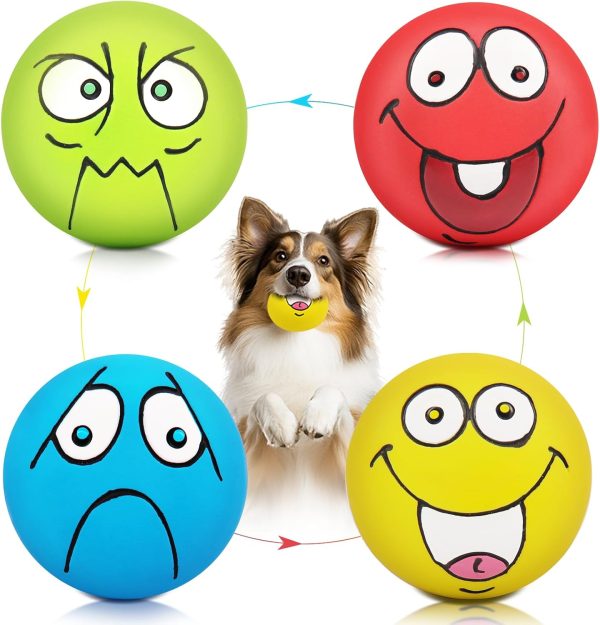 4 Pack 2.8" Smiley Face Squeaky Dog Toys Soft Dog Balls Latex Rubber Squeak Dog Toys for Small Medium Puppy Pet Dogs (Flat Ball)