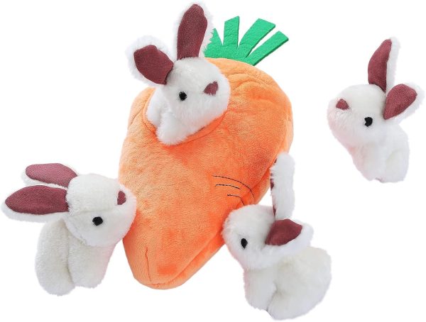 Interactive Hide and Seek Squeaky Dog Plush Toy with Squeaker for Small Dogs, Rabbit and Carrot, Orange and White, 5-Pack